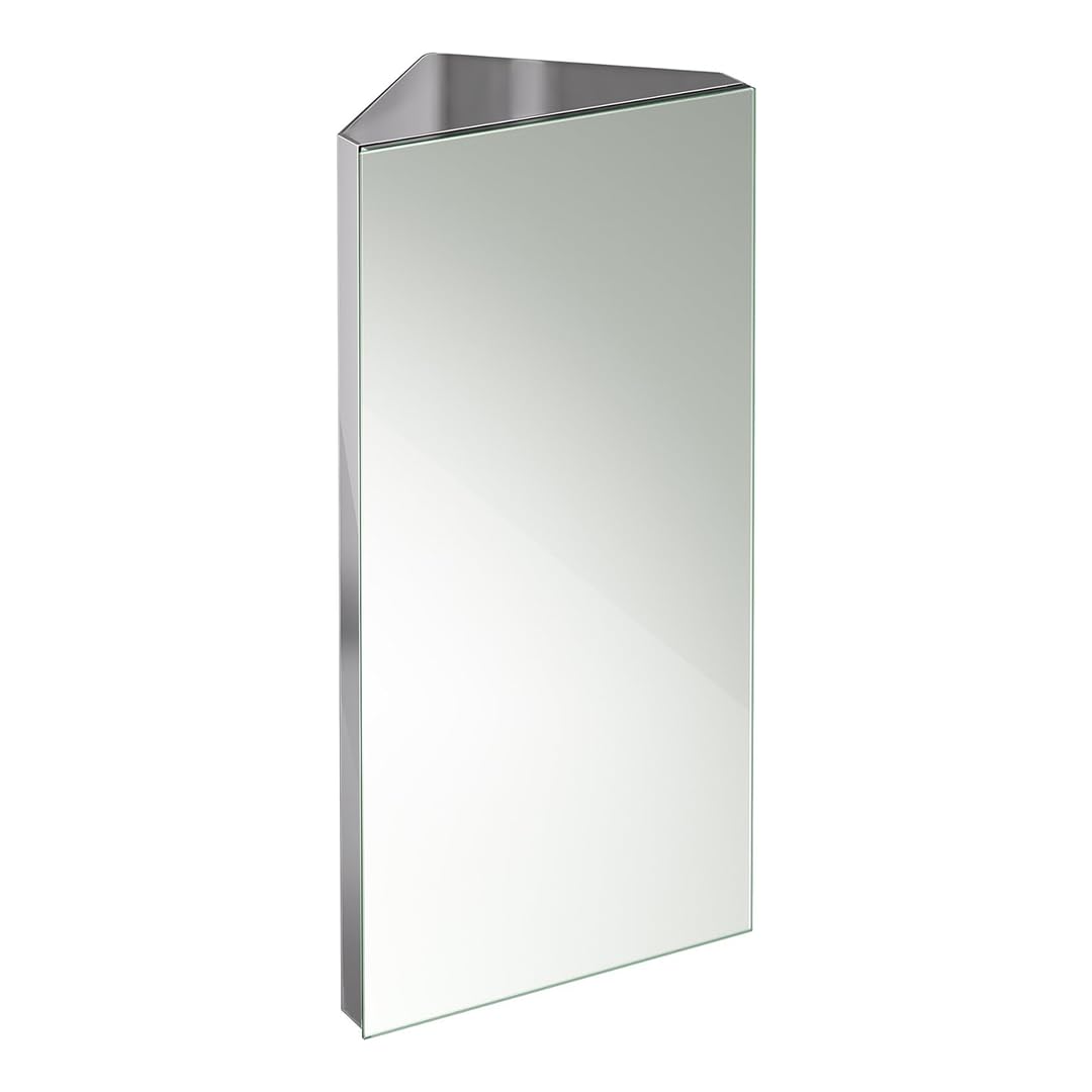 iBathUK Storvue Wall Mounted Corner Bathroom Mirror Cabinet, Frameless Triangular Silver Mirror, Magnetic Catch, Modern Bathroom Storage