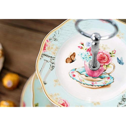 YBK Tech Vintage 3 Tier Porcelain Cake Stand Dessert Display Stand Cakes Platter Food Rack (Light Blue)