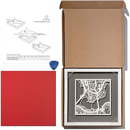 O3 DESIGN STUDIO Sheffield Paper Cut Map framed, White map, White frame, 23x23 cm, Gift Boxed, 4 background color, self-changing, Paper Art