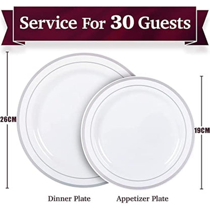 LATERN 60Pcs Multi-Use Silver Plastic Dinnerware Set, 30Pcs 26cm Dinner Plates + 30Pcs 19cm Salad Plates, Reusable Plastic Plates for Wedding Anniversary Garden Dessert Party