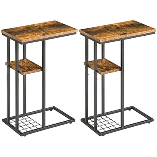 YMYNY C-Shaped End Table Set of 2, Side Table for Sofa and Bed, Coffee Table for Small Spaces, Living Room, Bedroom, Industrial Small Table with Storage Shelf and Metal Frame, Rustic Brown, HST004H-2