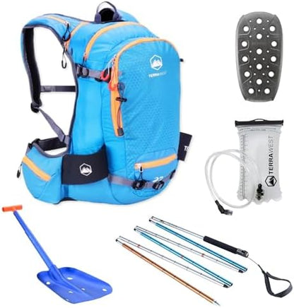 TerraWest Core Avalanche Kit,Ski Backpack Including Recco & Removable Back Protector, Hydration Bladder, Core Plus Shovel, Core 240 cm Quick Lock Probe, Backcountry Skiing, Snowboarding (Blue)