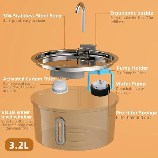 TOMXCUTE 3.2L Stainless Steel Cat Water Fountain for Drinking, Tap Cat Fountain for Cats Terriers small-sized dogs, with Visible Water Level, Dishwasher Safe, Super Quiet Pump, Double Filter Cycle
