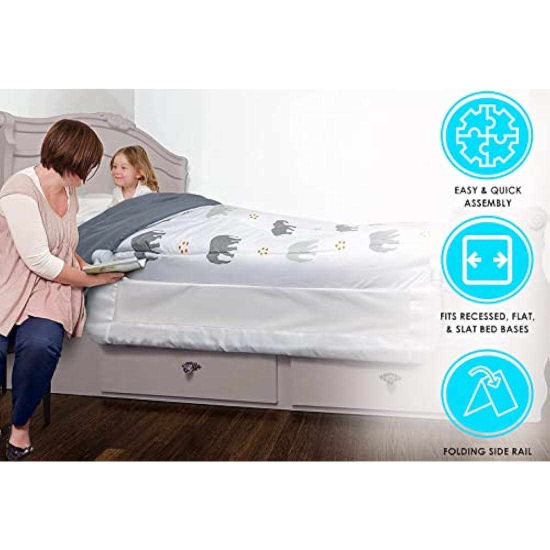 Dreambaby Nicole Bed Guard Rail for Toddlers - Extra Wide 150cm & 50cm Tall - Easy Assembly, Washable Cover, Safe Transition from Cot-to-Bed - Fits King Size Beds - Grey