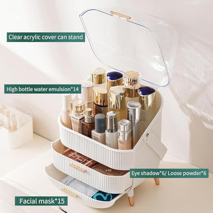 Kousee Makeup Organiser and Storage, Portable Waterproof Dustproof Organizer with Lid, Cosmetic Display Case Skincare Organizers for Vanity, Bathroom, B-White