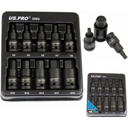 US PRO Tools 10pc Impact Hex Bit Socket Set 1/2'' Drive 4mm to 19mm 3593
