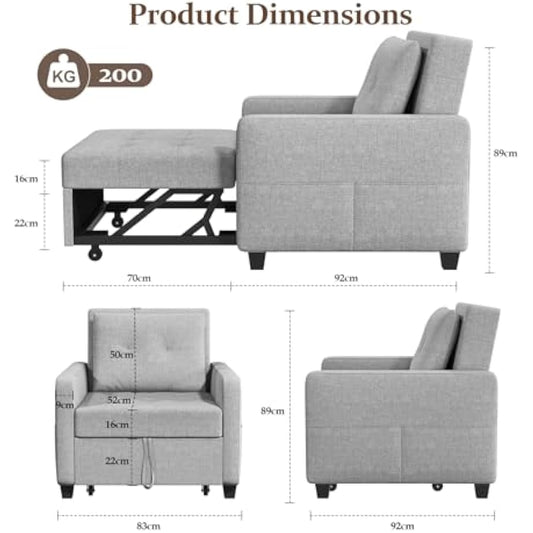 Vesgantti 3 in 1 Sofa Bed Light Grey, Convertible Sleeper Chair Bed with Adjustable Backrest, Fabric Single Sofa Bed Chair with Side Pockets, Foldable Sofa Bed, Pull Out Sofa Bed for Living Room