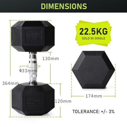 PhysKcal Hex Dumbbells 22.5kg Single, Odourless Poly Rubber Encased Dumbbells Set 2.5KG 5KG 7.5KG 10KG 12.5KG 15KG 20KG Home Gym Weights Set