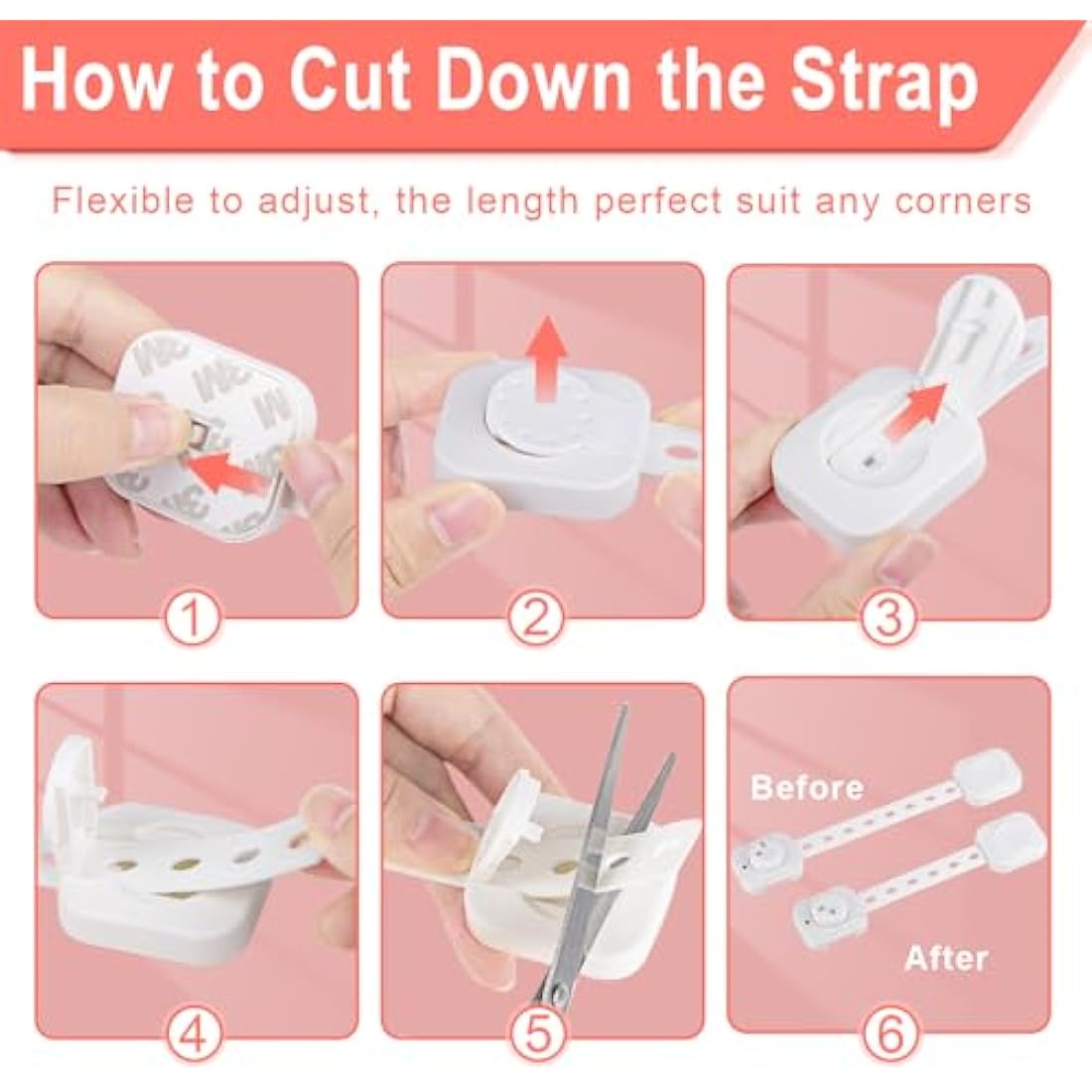 REDTRON Adjustable Cupboard Locks for Children, 6 Pack Baby Safety Drawer Latch, Child Locks for Cabinets, Drawer, Closet, Fridge, Refrigerator, Trash, with Upgraded Adhesive Double Lock System(White)