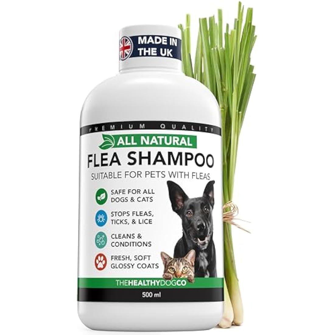 The Healthy Dog and Cat Co. – All Natural Flea Shampoo for Dogs & Cats – Gentle Wash with Quassia & Lemongrass – Safe, Vegan Formula for Itchy Skin – Dog & Cat Shampoo – Made in UK