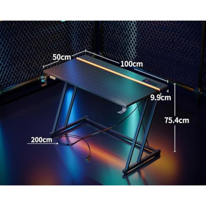 ODK Gaming Desk with LED Lights & Power Outlet, Gaming Table with Cup Holder and Headphone Hook, Double Z Frame Design Computer Desk, Carbon Fiber Black 100 cm