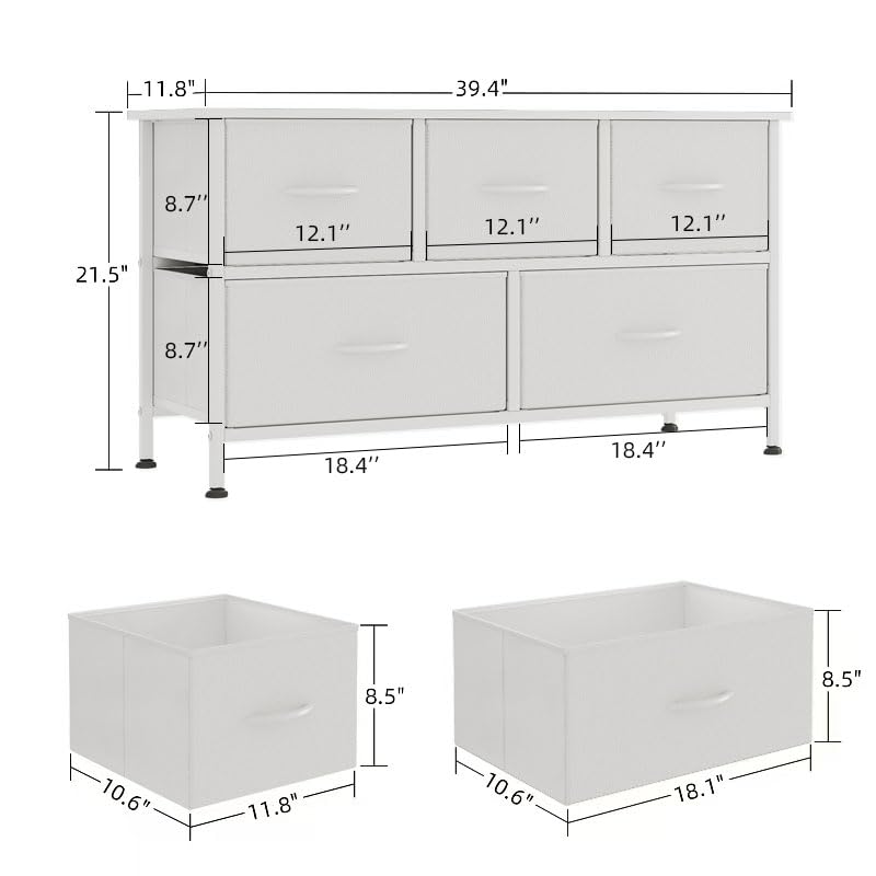 CAIYUN Chest of Drawers with 5 drawers, White Fabric Dresser with Wood Top for Bedroom, Living Room, Large Storage Space