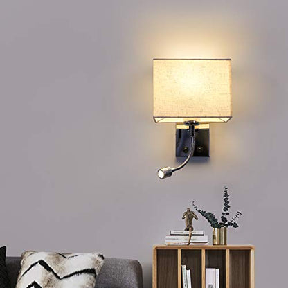 ZMH Bedside Wall Light Sconce Wall Lamp Reading Light Indoor with ON/Off Switch 1xE27 Polished Chrome Wall Lamp White Fabric Shade, 2 Switches, Ideal