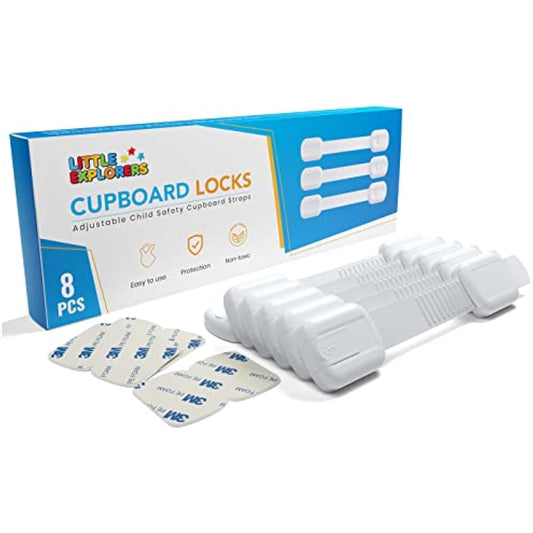 LittleExplorers Adjustable Child Safety Cupboard Locks (8 or 12 Pack) Baby Proof Cabinets & Drawers - Easy Install, No Tools Needed (8 Pack)