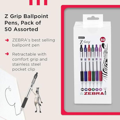 ZEBRA Z GRIP Assorted Ballpoint Pens, Retractable with Smooth Ink, Comfortable Grip and Pocket Clip Reliable Biro Medium Point 50 Pack 5 Assorted Colours