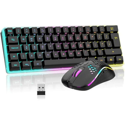 RedThunder K62 Wireless 60% RGB Gaming Keyboard and Mouse Combo, UK Layout 62 Keys Ultra Compact Backlit Mini Keyboard, Lightweight Cellular Optical Mouse, Portable Set for PC PS5 Xbox Gamers (Black)