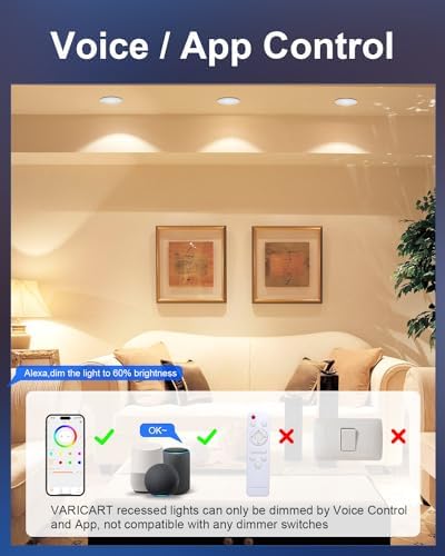 VARICART Smart LED Downlights for Ceiling Alexa, 10W Bluetooth RGB Colour Changing Spot Lights, Dimmable Recessed Ceiling Lights Warm White 2700K, APP Control for Living Room Bedroom Kitchen, 6 Pcs