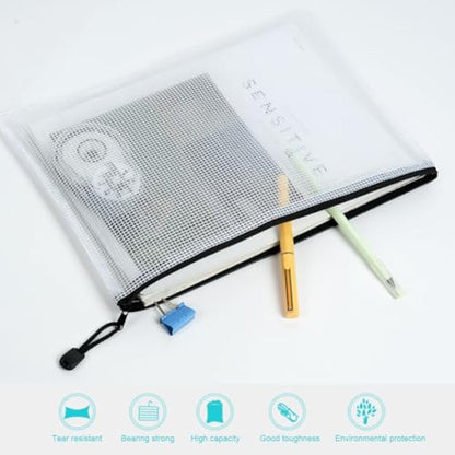 Vicloon Plastic Wallets, 15Pcs A3 A4 A5 Zip Lock Bags, Mesh Document Wallet Document Folders Plastic Pockets Zipper File Wallet for School Office Homework Travel Storage Bags (Color Zipper)