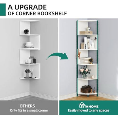 YITAHOME 6-Tier Corner Shelf, 68.8" Tall Modern Free Standing Zigzag Corner Bookshelf, 6 Shelf Display Corner Bookcase Open Small Book Shelves for Living Room, Home Office, Small Space, White