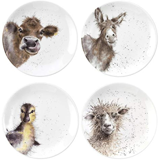 RW WN4093-XW Royal Worcester Wrendale Designs China Tea Coupe Plates Featuring Ewe, Gentle Jack and Just Hatched-Set of 4, Ceramic, White