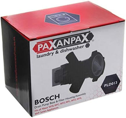 Paxanpax PLD013 Drain Pump Base & Filter Housing Assembly Bosch Maxx WFB, WFC, WFD, WFL, WFO, WFR, WVF Washing Machines, Grey