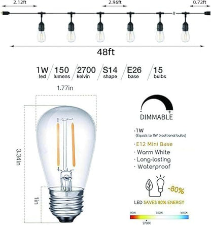 Svater Outdoor String Lights LED 15m, S14 48FT Festoon Lights Mains Powered with 15+1 2W Plastic Bulbs, IP65 Waterproof Garden String Lights for Patio Party Wedding, 2700K Warm White