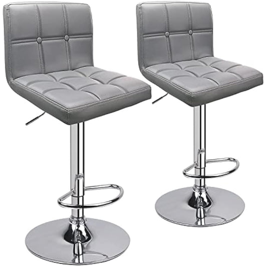Leader Accessories Bar Stools (2/Set) Adjustable Bar Chairs Breakfast Dining Stools for Kitchen Island Counter PU Leather Double Stitching Square Back with decoration (Light Grey)