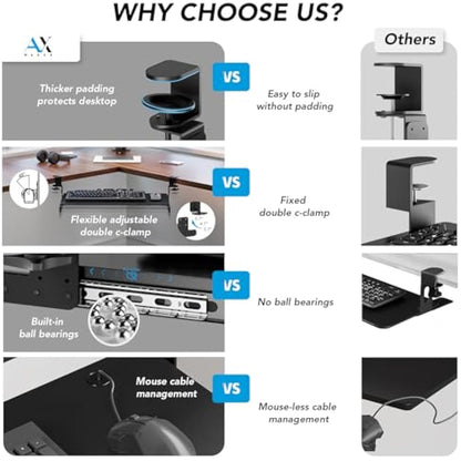 Keyboard Tray Under Desk Pull Out with Extra Sturdy C Clamp Mount System, 693.42 (825.5 mm Including Clamps) x 279.4 mm Slide-Out Platform Computer Drawer for Typing Black AX01WB01