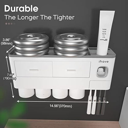iHave Toothbrush Holders for Bathroom, 4 Cups Toothbrush Holder Wall Mounted with Toothpaste Dispenser - Large Capacity Tray, 2 Cosmetic Drawer - Bathroom Storage & Organisation