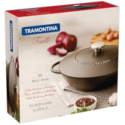 Tramontina Black Enamelled Cast Iron Wok | 32 cm (5 Litre) | Indoor & Outdoor Use