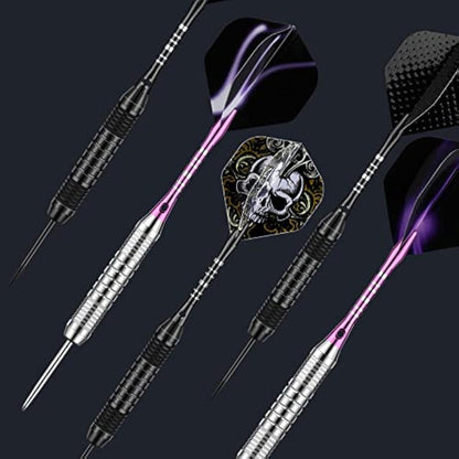 DARTSPACE 12 Pack Steel Tip Darts Set 22 24 Grams, Metal Tip Darts with Premium Black Blue Purple Darts Stem 24 Flights Extra 50 Rubber O-Rings 1 Dart Sharpener for Dart Board