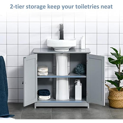kleankin 60x60cm Under-Sink Storage Cabinet w/Adjustable Shelf Handles Drain Hole Bathroom Cabinet Space Saver Organizer Grey