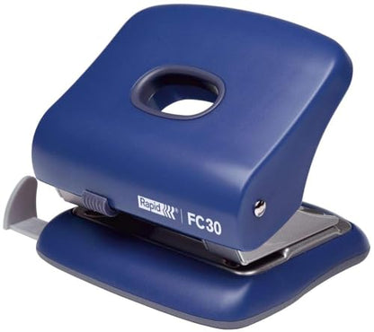 Rapid Fashion FC30 Strong 2 Hole Punch, Punches up to 30 Sheets, Adjustable Guide Bar, Ergonomic Design, Blue, 23639402