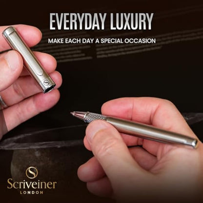 Scriveiner Stainless Steel Rollerball Pen - Stunning Luxury Metal Pen with Silver Chrome Finish, Schmidt Ink Refill, Best Roller Ball Pen Gift Set for Men & Women
