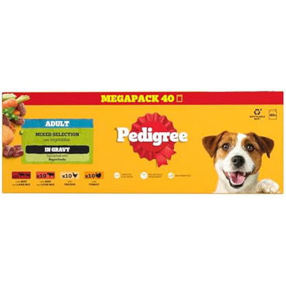 Pedigree Adult Dog Wet Food Pouch Mixed Selection in Gravy, 40x100g