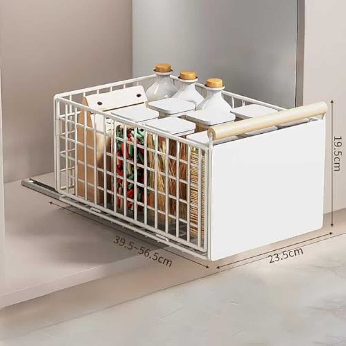 Pull Out Cabinet Organiser, pull out kitchen storage Foldable, 23.5*19.5*39.5~56.5cm, Kitchen Cupboard Organiser with Handle, No Drill Adjustable Drawers, Slide Out Drawers for Kitchen Cabinets, White