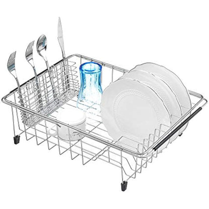 iPEGTOP Expandable Dish Drying Rack and Utensil Cutlery Holder, 304 Stainless Steel Over Sink Dish Rack, Dish Drainer in Sink or On Counter, Rustproof