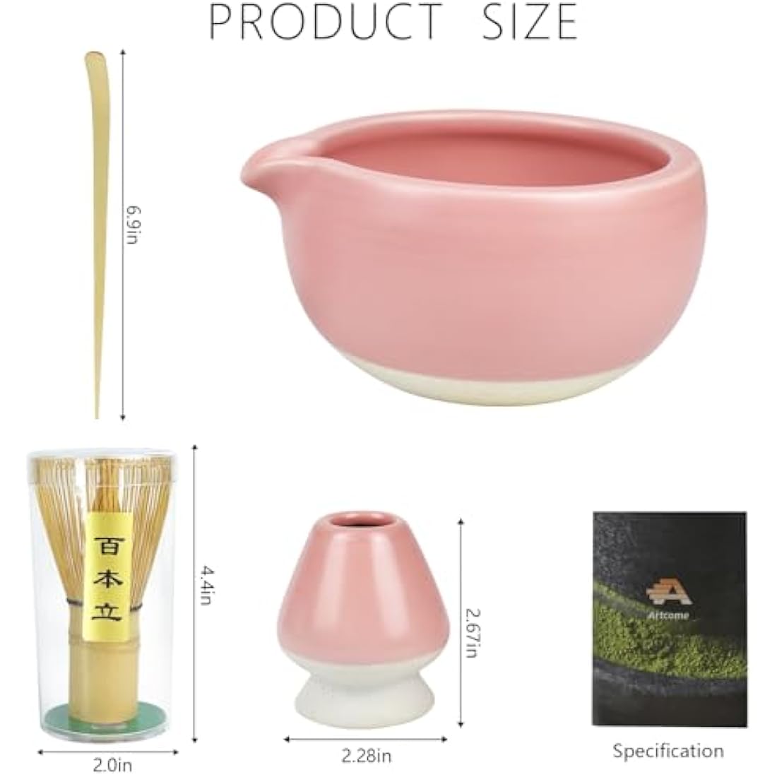 Artcome Complete Matcha Tea Ceremony Kit - Bowl, Whisk, Whisk Holder, Tea Scoop - For Usucha, Koicha, Matcha Latte (Pink)