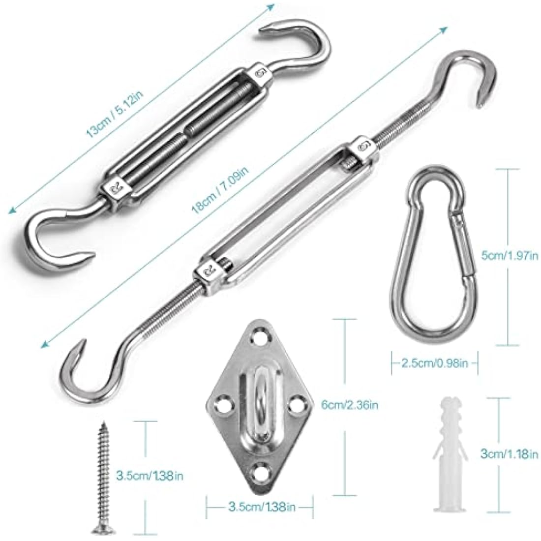 HOMPER Awning Attachment Set, Heavy Duty Sun Shade Sail Stainless Steel Hardware Kit for Garden Triangle and Square, Rectangle,Fixing Accessories