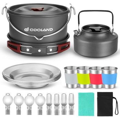 Odoland Camping Cookware Kit for 3-4 People Portable Stainless steel Cooking Set for Camping, Backpacking, Outdoor Cooking and Picnic