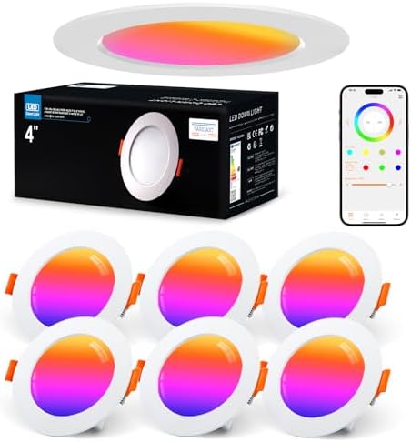 VARICART Smart LED Downlights for Ceiling Alexa, 10W Bluetooth RGB Colour Changing Spot Lights, Dimmable Recessed Ceiling Lights Warm White 2700K, APP Control for Living Room Bedroom Kitchen, 6 Pcs