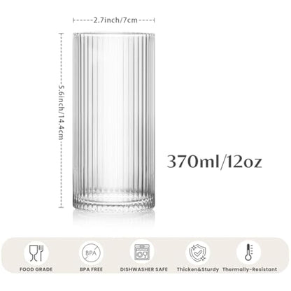 INSETLAN Ribbed Drinking Glasses Set of 6, 370ml Origami Design Ribbed Glassware, Highball Glasses for Juice, Water, and Cocktails, Perfect for Home, Restaurants, and Parties | Dishwasher Safe