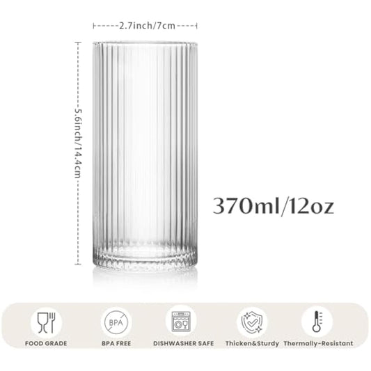 INSETLAN Ribbed Drinking Glasses Set of 6, 370ml Origami Design Ribbed Glassware, Highball Glasses for Juice, Water, and Cocktails, Perfect for Home, Restaurants, and Parties | Dishwasher Safe