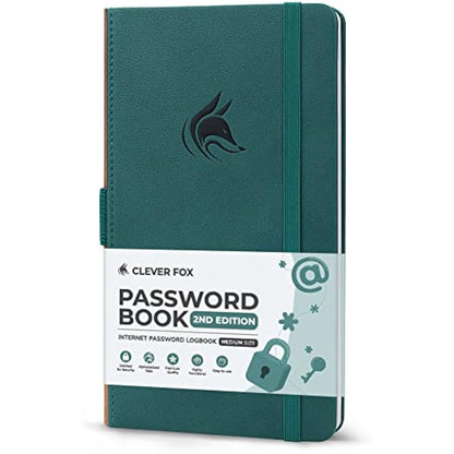 Clever Fox Password Book 2nd Edition – Hardcover Password Keeper with Laminated Alphabetical Tabs – Internet Address Notebook & Login Details Organizer Journal – 10.4x19.3cm (Dark Teal)