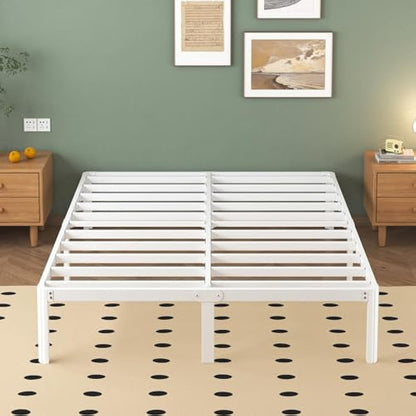 Lutown-Teen White Double Bed Frame 30.5 cm High with Rounded Corner Legs, 4ft 6 Heavy Duty Metal Bed Frame Double 4ft6 with Steel Slats Support, Storage Space Underneath, Easy Assembly