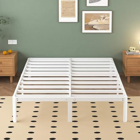 Lutown-Teen White Double Bed Frame 30.5 cm High with Rounded Corner Legs, 4ft 6 Heavy Duty Metal Bed Frame Double 4ft6 with Steel Slats Support, Storage Space Underneath, Easy Assembly
