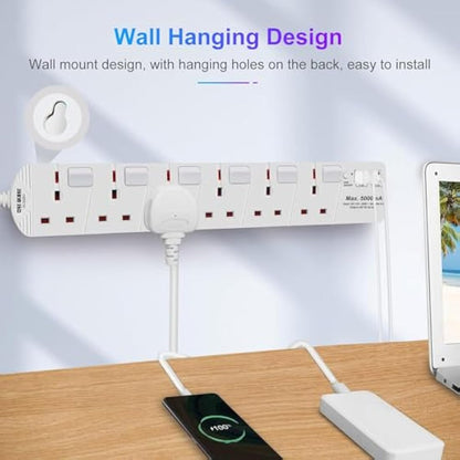 SE UKASE Extension Lead with USB Slots(5V/5A), 6 Way Plug Sockets with Individual Switches USB and Type C, Wall Mount Design with 2M Extension Cable 2990W