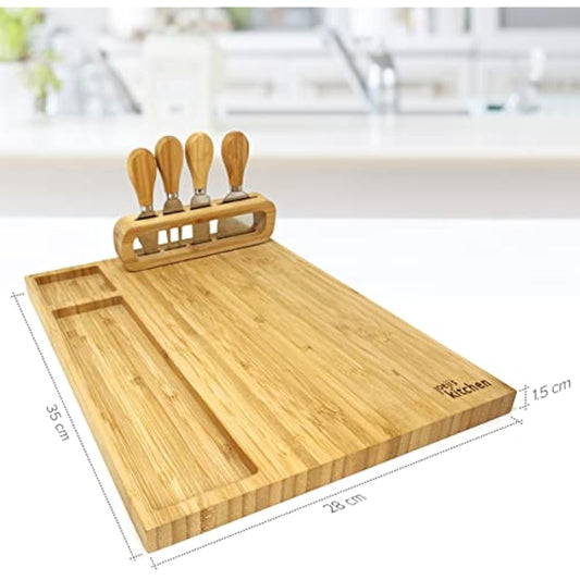 joeji's Kitchen Cheese Board Platter Set - Natural Wood Bamboo - Gift Set with Knives & Holder - Charcuterie Platter