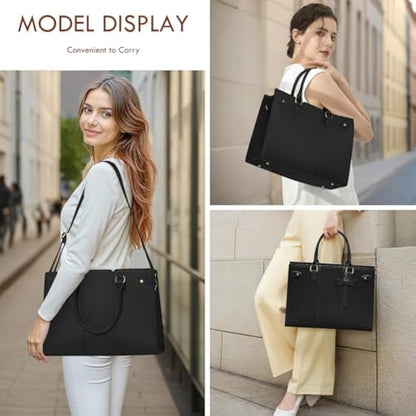 RAINSMORE Laptop Bags for Women PU Leather Work Bags for Women Tote Bag Large Handbag Shoulder Bag for Office Bussiness 15.6 Inch Dark Green