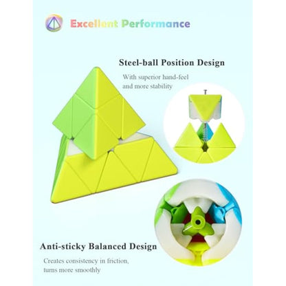 ROXENDA Speed Cube Set, 2X2 3X3 Pyramid Speed Cube Stickerless Fast Cube with Instruction (Stickerless cube set)